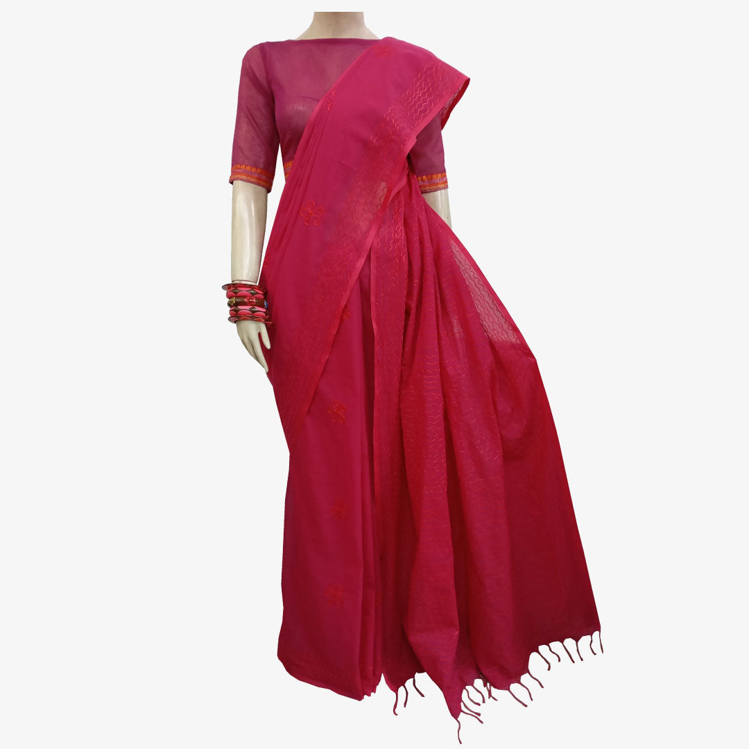 Bright Rose Colour Special Cotton Embroidery Sari