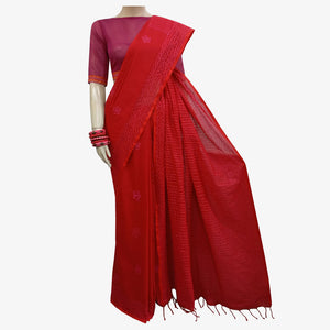 Red Colour Special Cotton Embroidery Sari