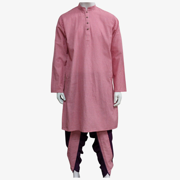 Pink & White Check Colour Band Collar Eid Panjabi