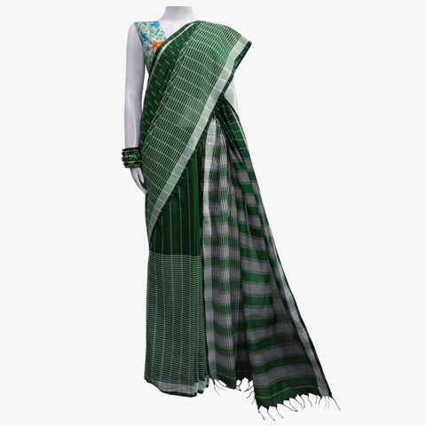 Green & White Colour Tangail Sari with Blouse Piece