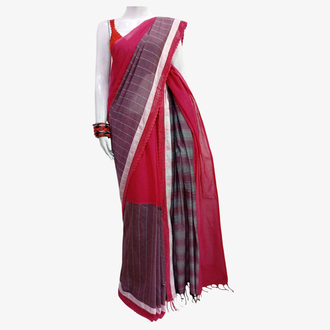 Pink & Hawthorn Rose Special Sari with Crochet Par