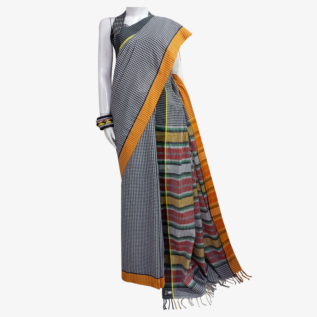 Black & White Gamcha Check Sari with Blouse Piece