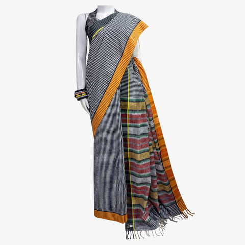 Black & White Gamcha Check Sari with Blouse Piece