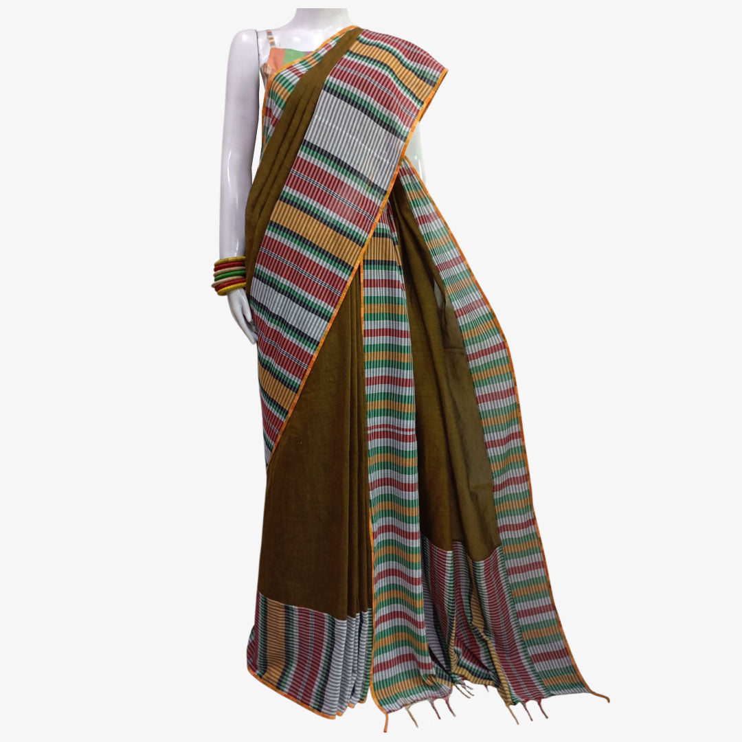 Tapenade & Multi Colour Stripe Bibi'r Tangail Sari