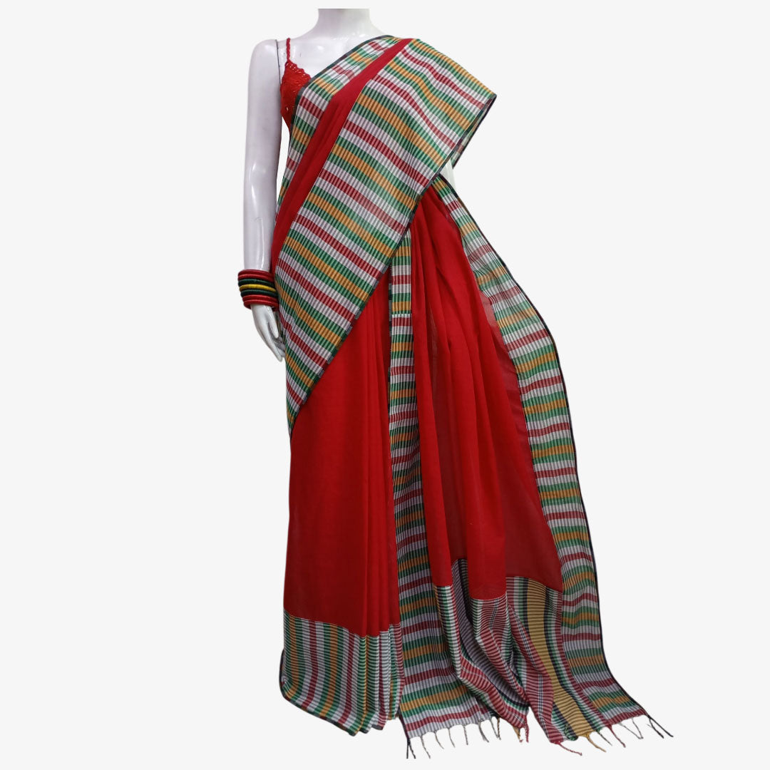Red & Multi Colour Stripe Bibi'r Tangail Sari.