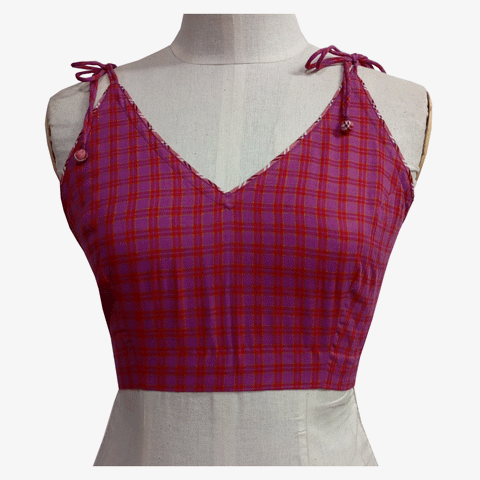 Purple & Red Check Tie Shoulder Blouse