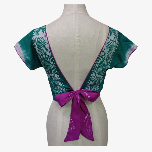 Purple & Ultramarine Green Colour Magyar Sleeve Tie Back Blouse