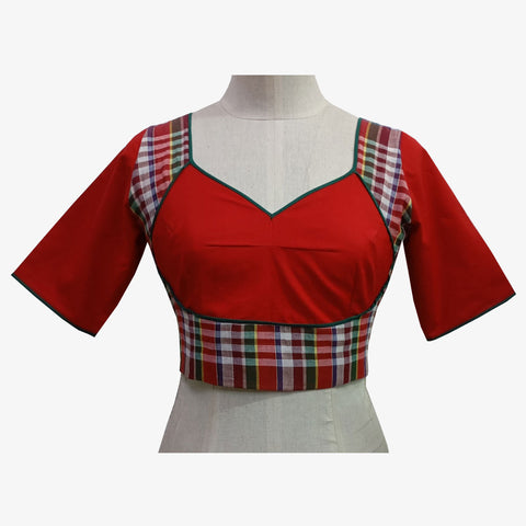 Red & multi colour Check adjustable tie back blouse