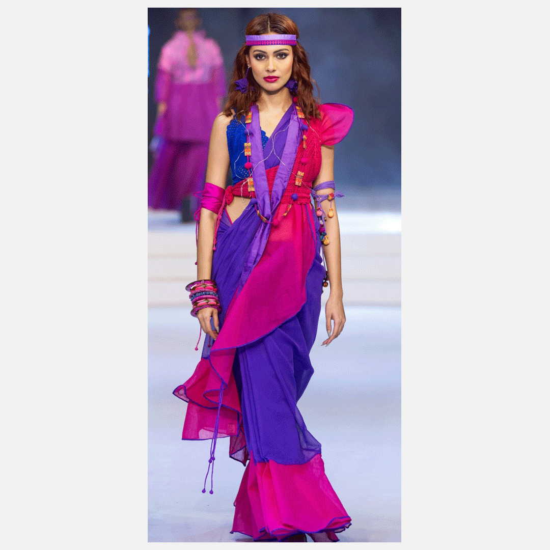 Bibi's Collection Purple & Pink Raw Silk Frill Sari