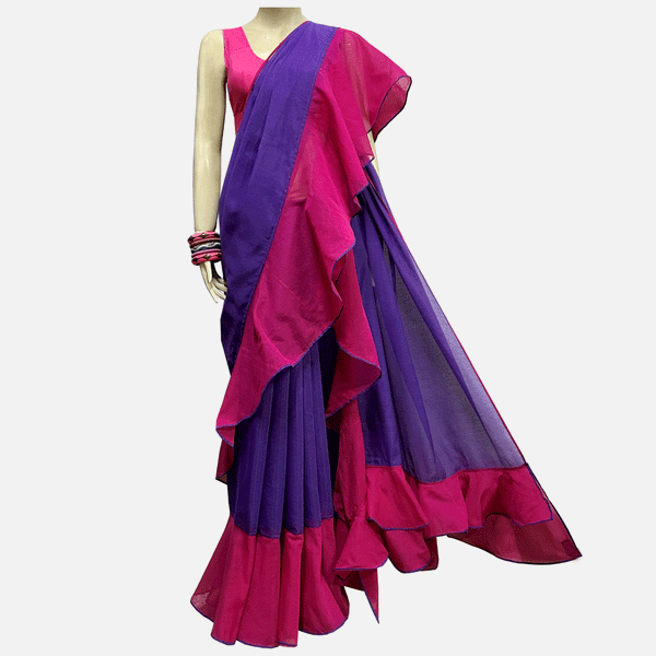 Bibi's Collection Purple & Pink Raw Silk Frill Sari