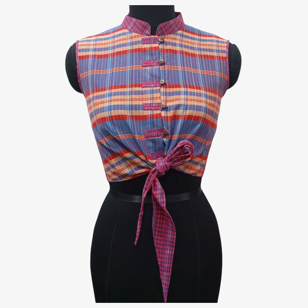 Multi Colour Gamcha Check Front Button Tie up Blouse