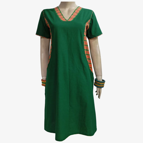 Green Colour V Neck A Line