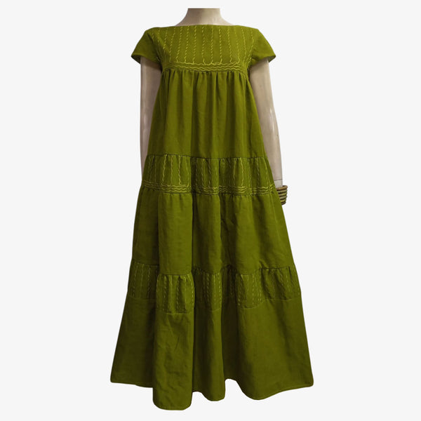 Cedar Green Colour Long Layered Dress
