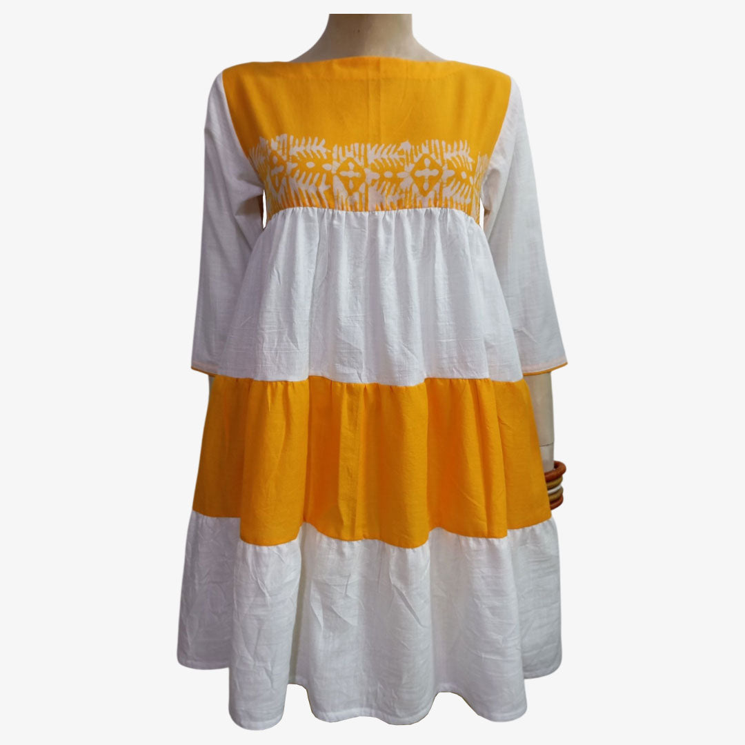 Cadmium Yellow & White Colour Short Layered Dress