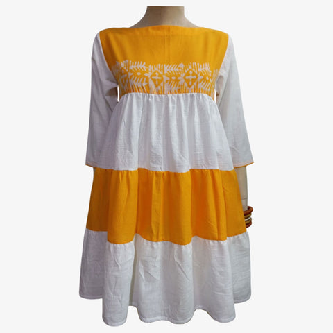 Cadmium Yellow & White Colour Short Layered Dress