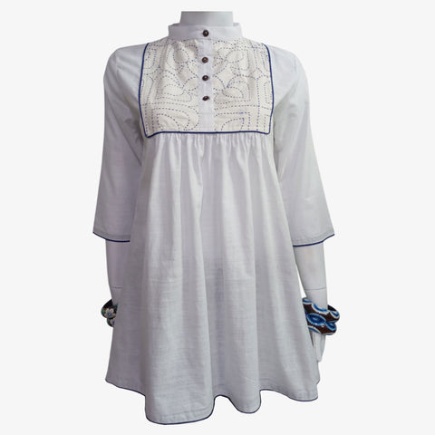 White New top featuring kantha stitched yoke