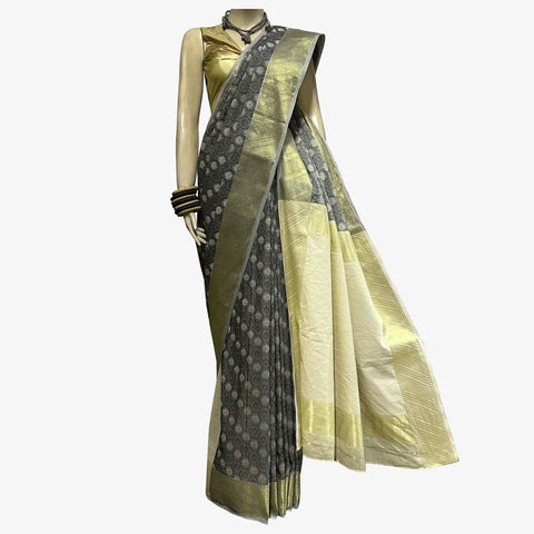 Ash & Off White Colour Special Belkuchi Sari with Blouse Piece