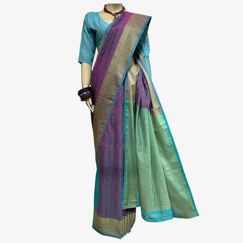 Purple Orchid & Bluebird Colour Special Belkuchi Sari with Blouse Piece