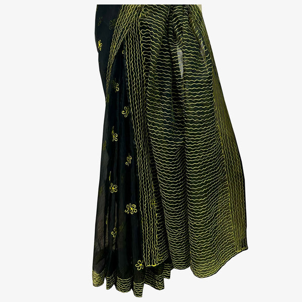 Black & Yellow Raw Silk & Flower Motifs Embroidery Sari