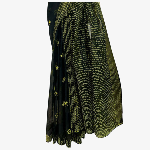 Yellow & Black Raw Silk & Flower Motifs Embroidery Sari