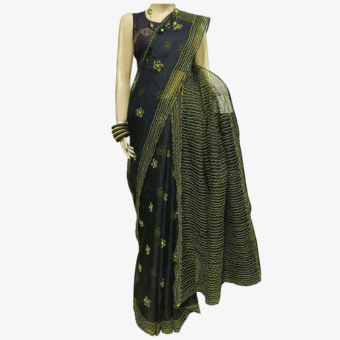Black & Yellow Raw Silk & Flower Motifs Embroidery Sari
