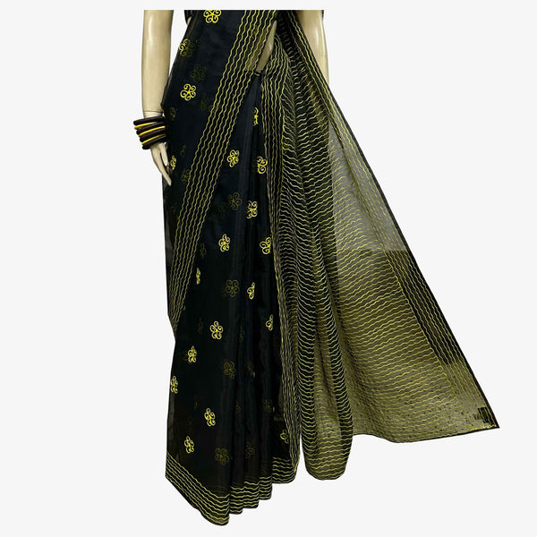 Yellow & Black Raw Silk & Flower Motifs Embroidery Sari