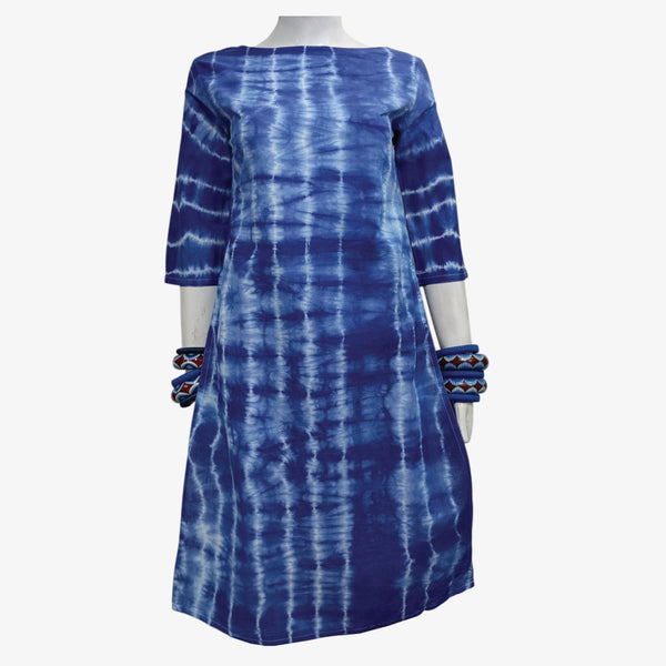 Shades of Blue Boat Neck Three Quarter Sleeves Tunic