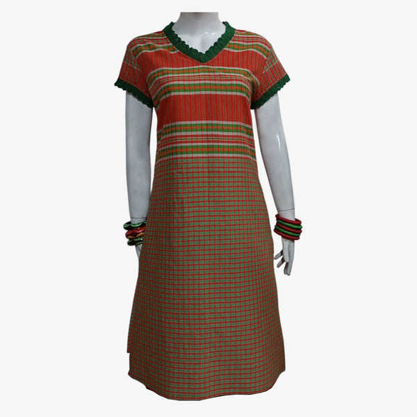 Multi Colour Artisan Gamcha Kameez with Crochet Touch