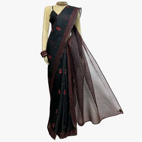 Black & Red Raw Silk Embroidery Sari
