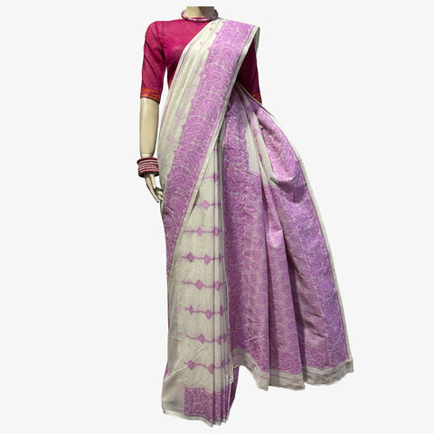Super Pink & Off white Colour Special Belkuchi Sari with Blouse Piece