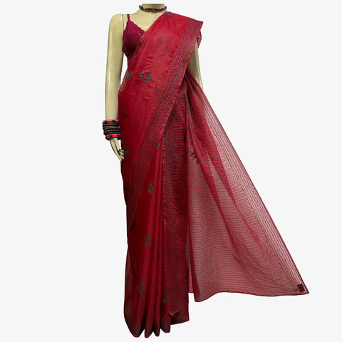 Red & Pepper Green Raw Silk Embroidery Sari