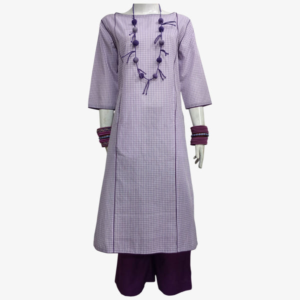Purple & White Check Boat Neck Midi Tunic with Pockets