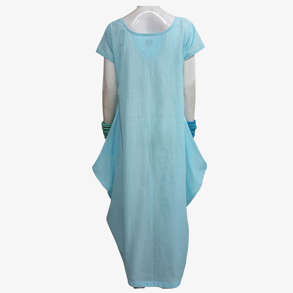 Turquoise & White Cotton Gingham Serene Long Tunic with Pockets