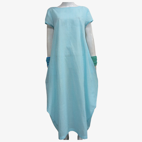 Turquoise & White Cotton Gingham Serene Long Tunic with Pockets