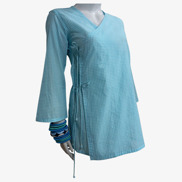 Turquoise & White Cotton Gingham Breezy Overlap Top with Pockets