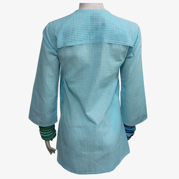 Turquoise & White Cotton Gingham Breezy Overlap Top with Pockets