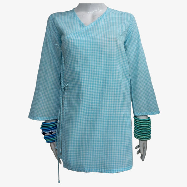 Turquoise & White Cotton Gingham Breezy Overlap Top with Pockets