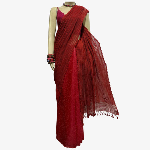 Red Colour Raw Silk & Embroidery Crochet Sari