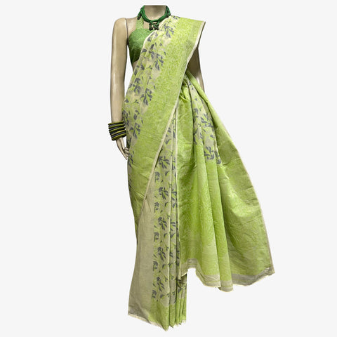 Wild Lime & Off White, Ash Colour Special Belkuchi Sari with Blouse Piece