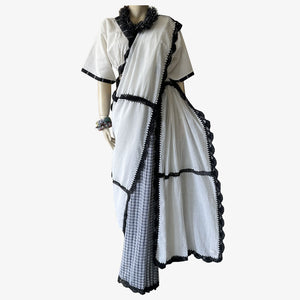 White & Black Crochet with Gamcha Check Cotton with Crochet Sari