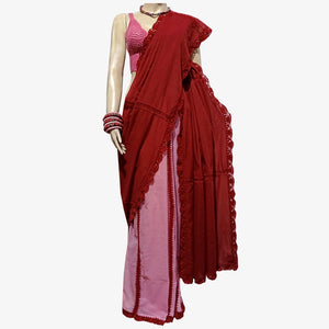 Brick Red and Candy Pink Colour Cotton with Crochet Sari