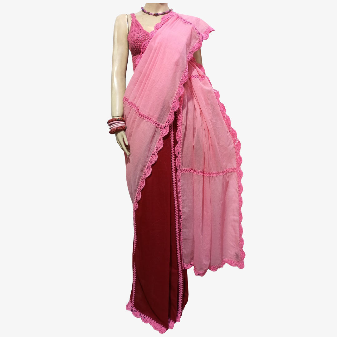 Candy Pink and Brick Red Colour Cotton with Crochet Sari