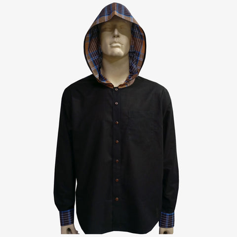 Black & Multi colour Check Full Sleeves Hooded Shirt