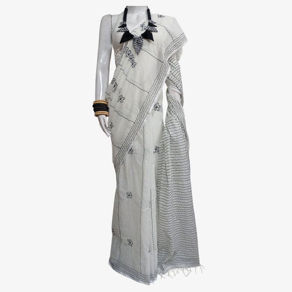 White Tangail Taater Sari with Embroidery