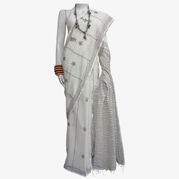 White Tangail Taater Sari with Embroidery