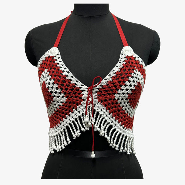 Red & White Adjustable Tie Back Crochet Top