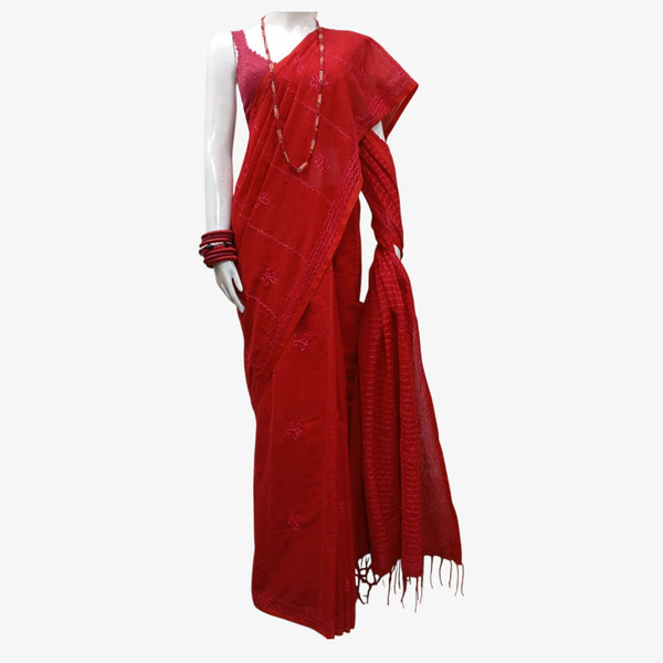 Red Tangail Taater Sari with Embroidery
