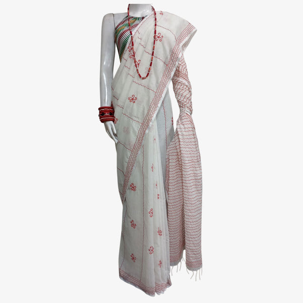 White Tangail Taater Sari with Embroidery