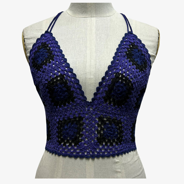 Black & Blue & Aster Purple Adjustable Tie Back Crochet Top