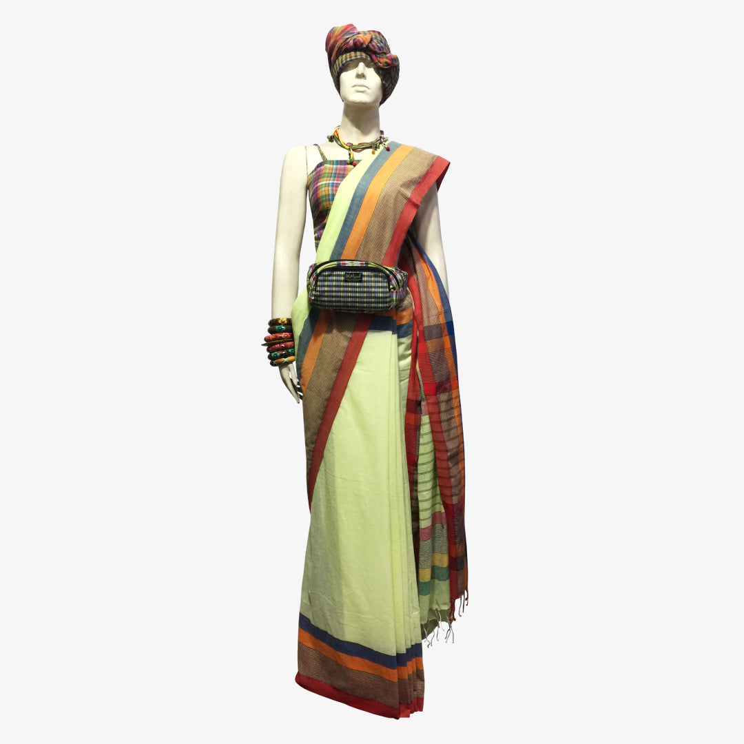 The Apple Green Cotton Sari with stripe & check border